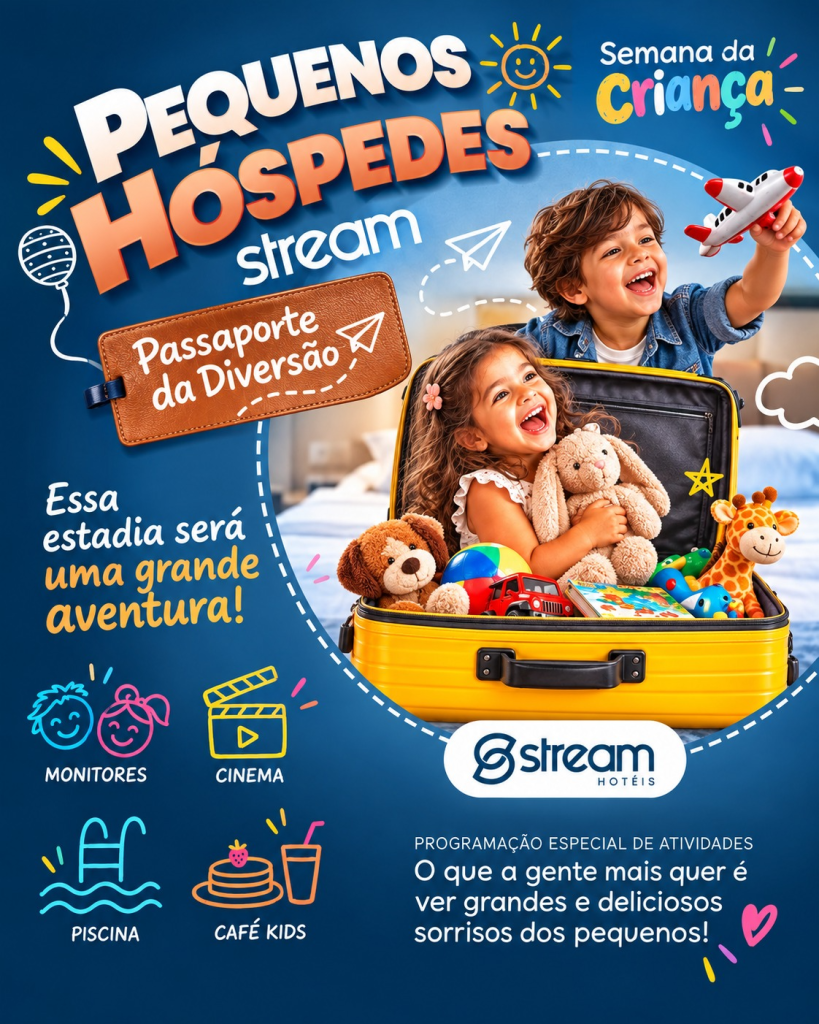 Crianças com mala e brinquedos na campanha Pequenos Hóspedes Stream, com a chamada Passaporte da Diversão, para o Dia das Crianças em Ribeirão Preto.